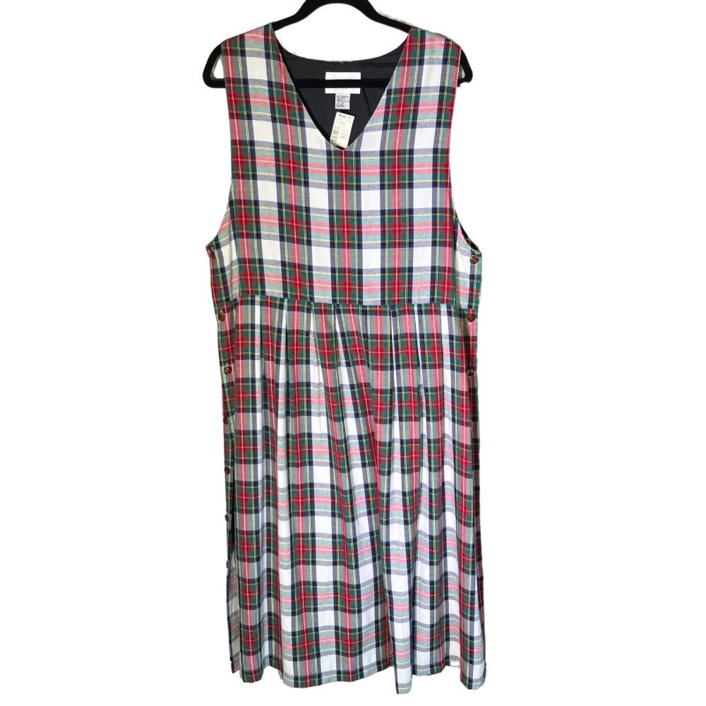 Baxter Wells Jumper Dress 12 White Red Blue Plaid Side Buttons Academia NWT VTG - Picture 1 of 8
